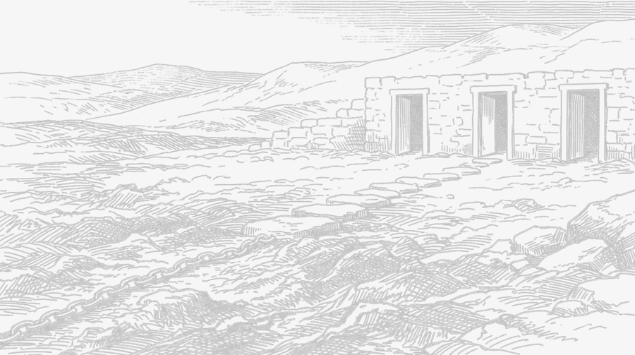A steel engraving: a broken stone wall with three open doorways above a chained, rutted mire stretching to the hills.