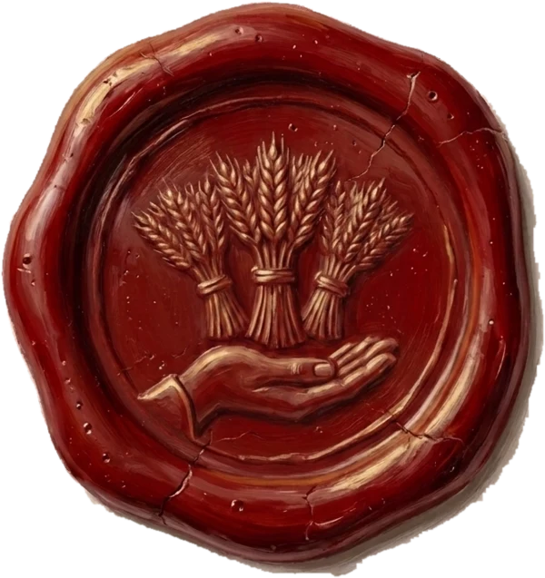 A red wax seal bearing three sheaves of wheat over an open hand